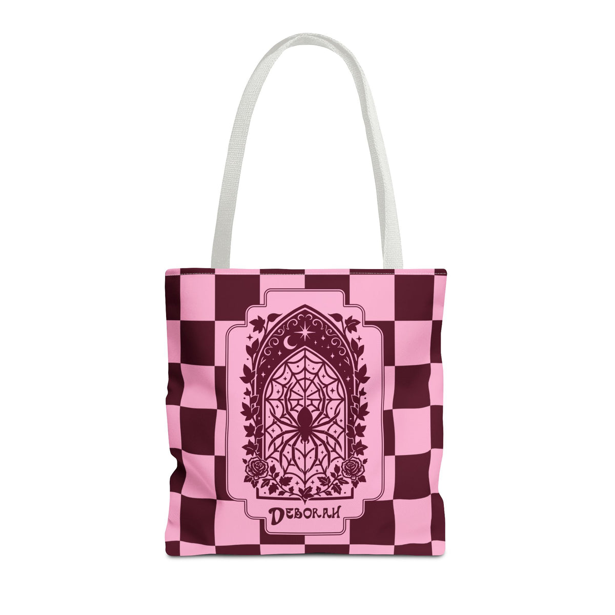 Personalizable Pink and Burgundy Retro Goth Tote with Mystic Spider Stained Glass Design