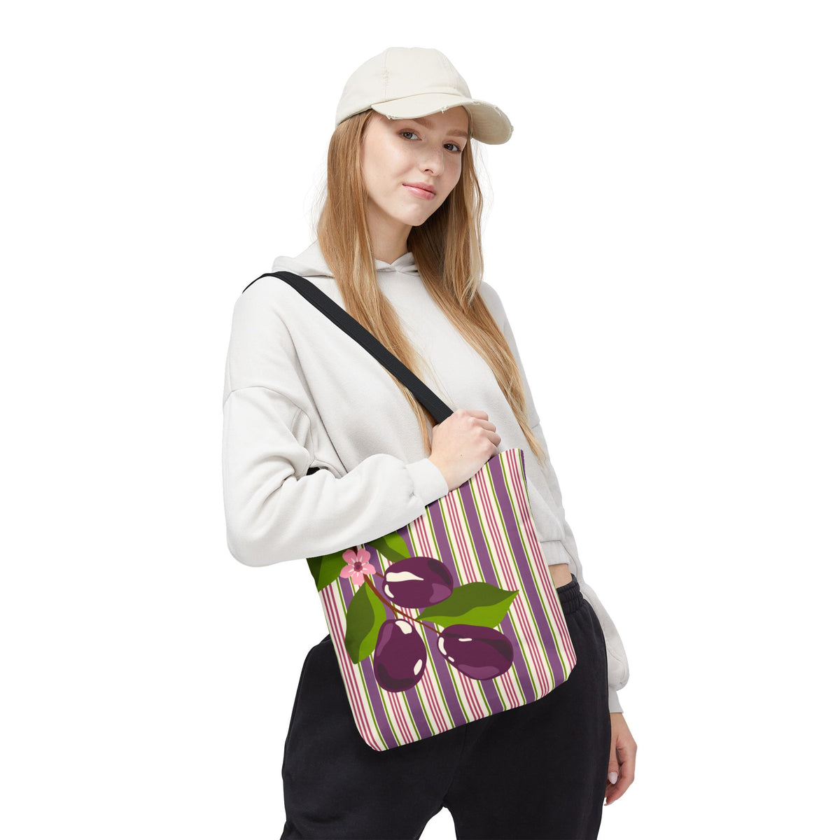 Plum Orchard Striped Tote Bag - Floral Plum Bouquet All-Over Print Tote