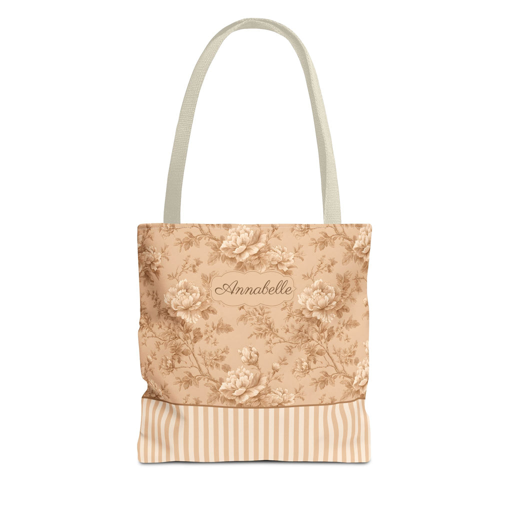 Personalizable Vintage Floral Tote - Sepia Toile Striped Bag