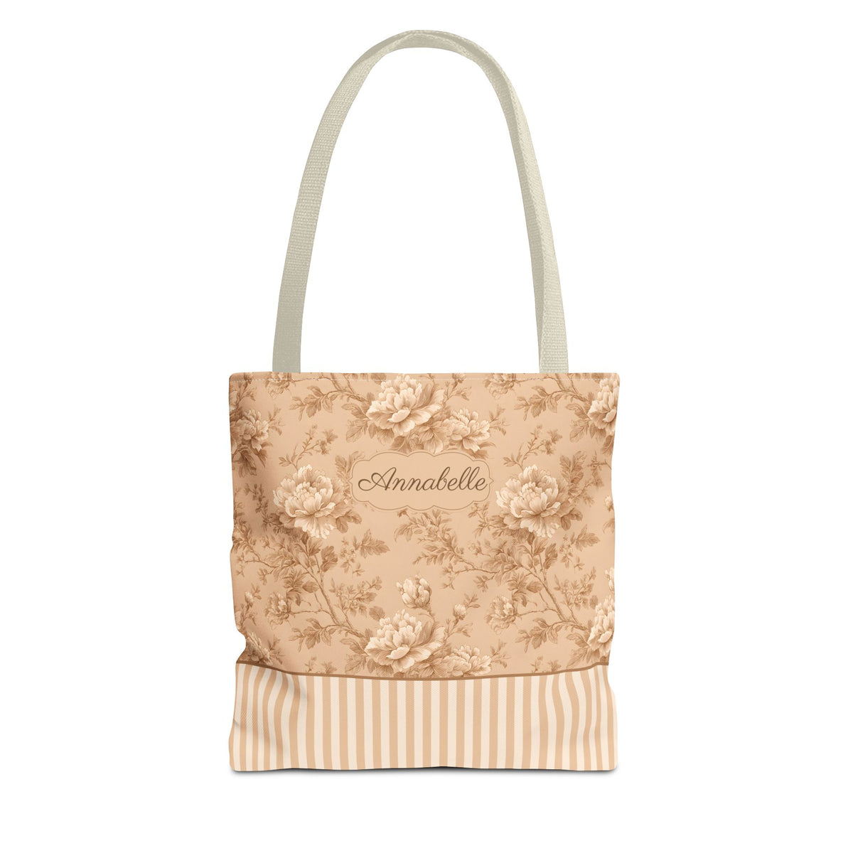Personalizable Vintage Floral Tote - Sepia Toile Striped Bag
