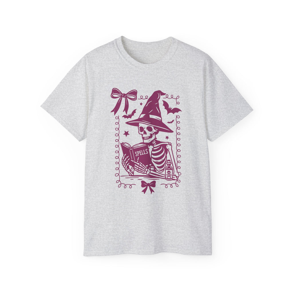Pink Reading Witch Skeleton Tee — Cute Halloween Aesthetic Graphic T-Shirt