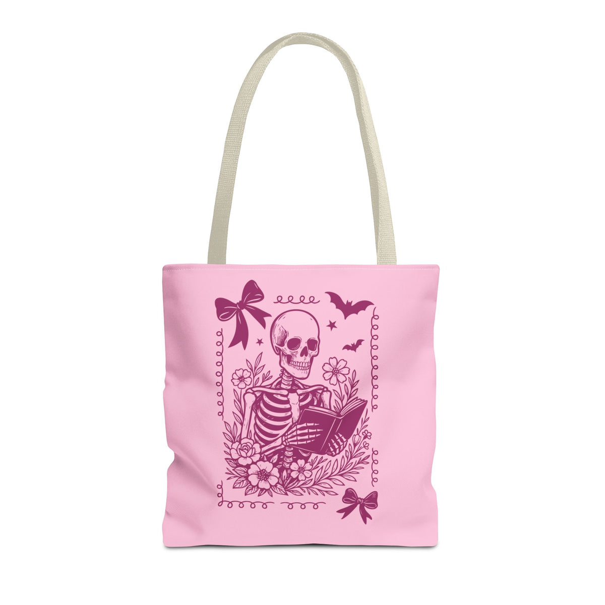 Floral Pink Reading Skeleton Tote Bag  - Cute Gothic Booklover Tote