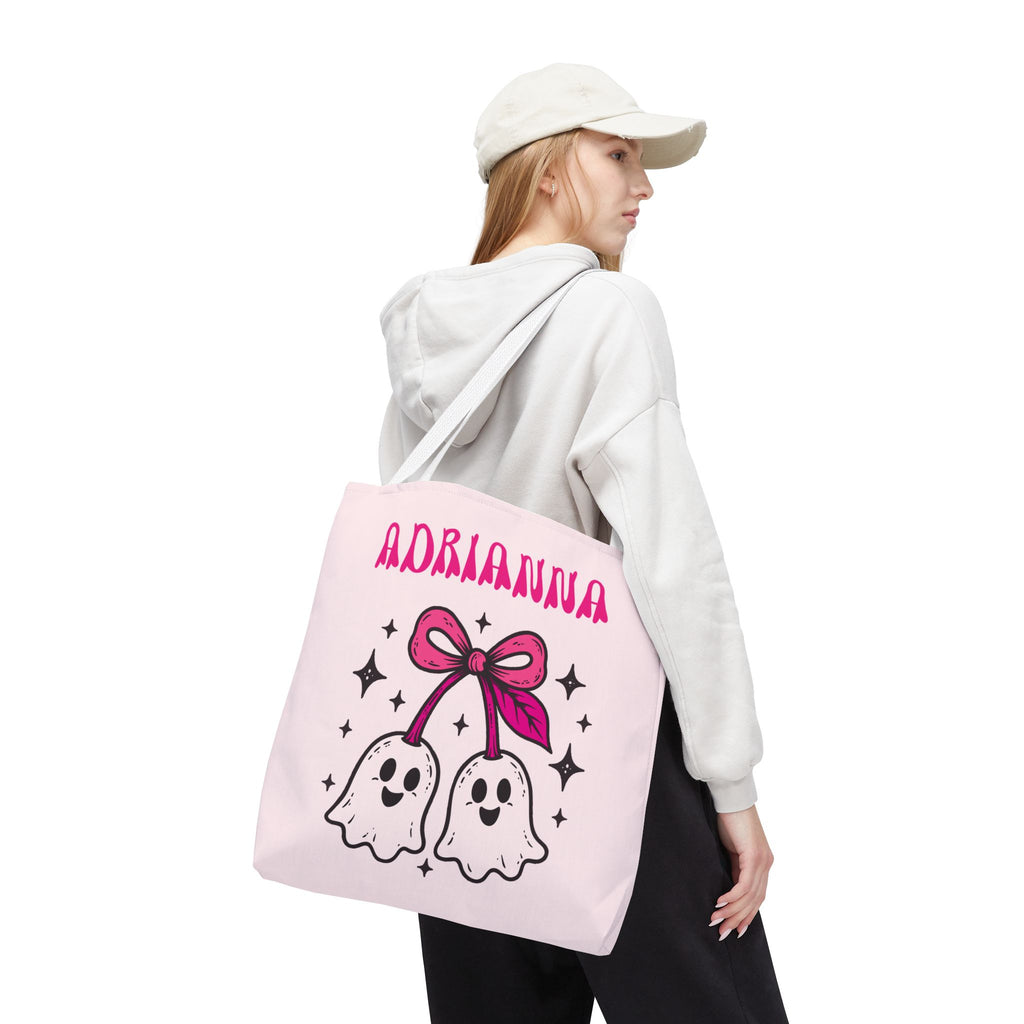 Pink Cute Ghost Cherries Tote Bag - "Spooky and a Cutie" Personalized Halloween Tote