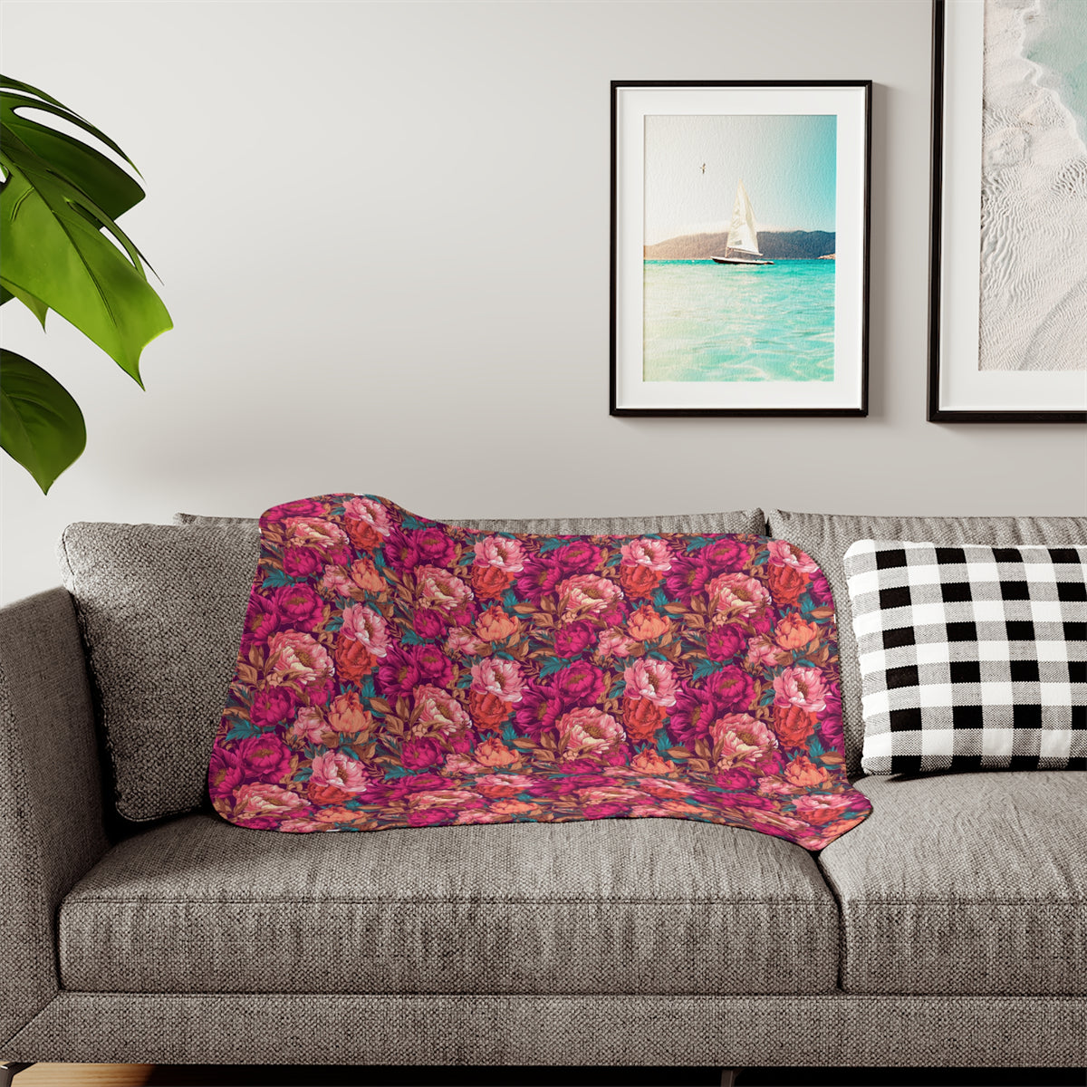 Vivid Magenta Peony Maximalist Sherpa Throw Blanket