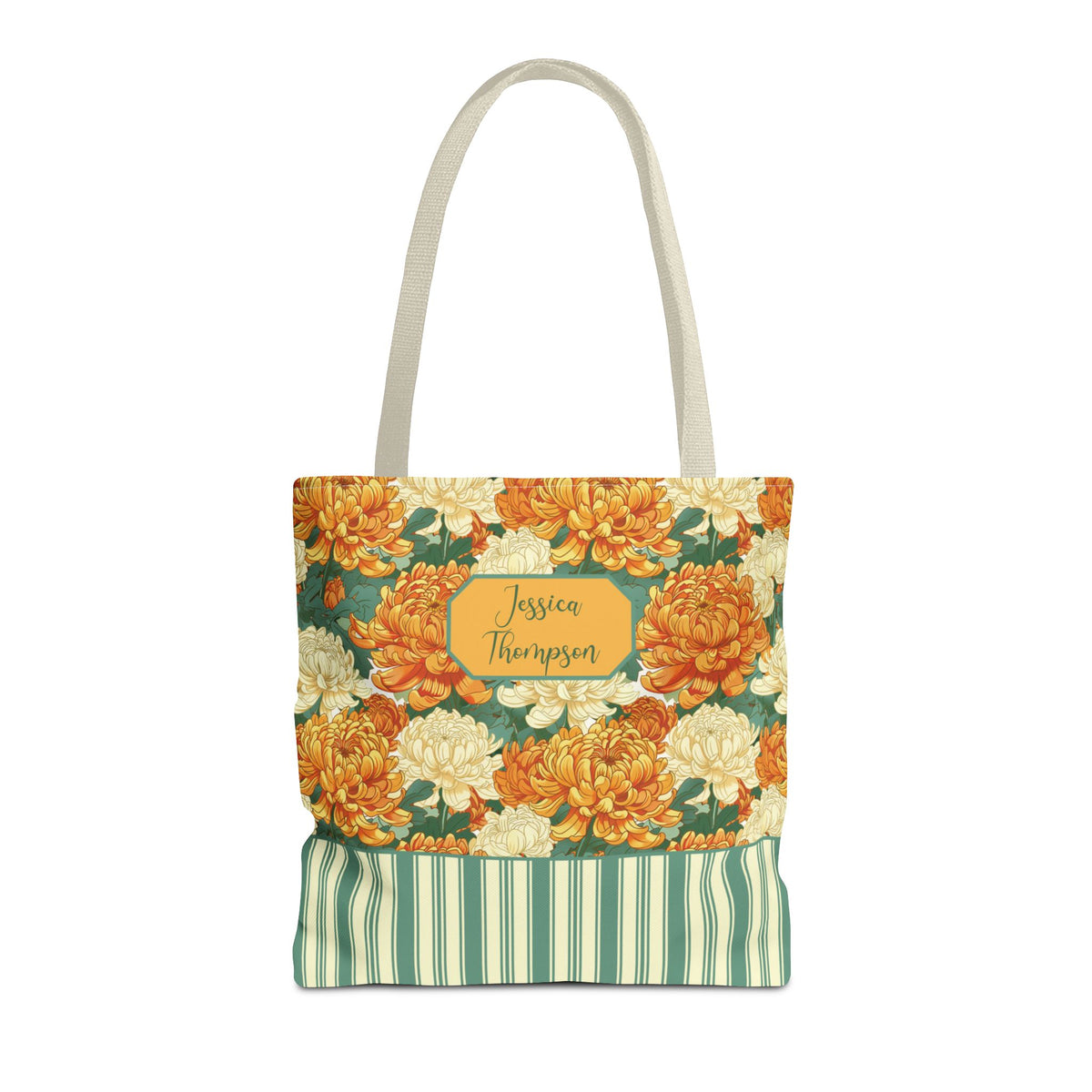 Personalizable Vintage Floral Stripe Tote Bag – Cream and Orange Chrysanthemums Tote