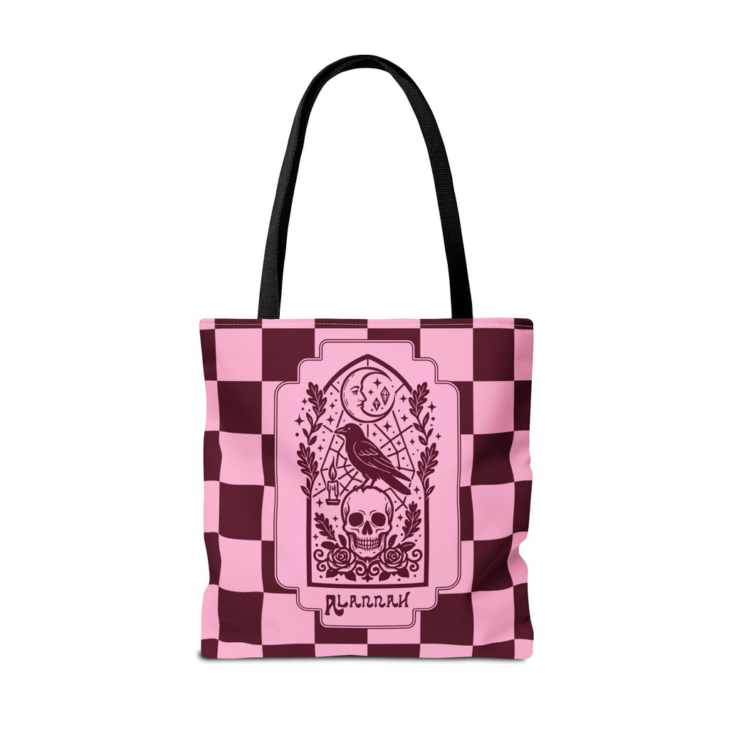 Gothic Raven and Skull Checkerboard Tote Bag - Personalizable Pink Retro Goth Carryall
