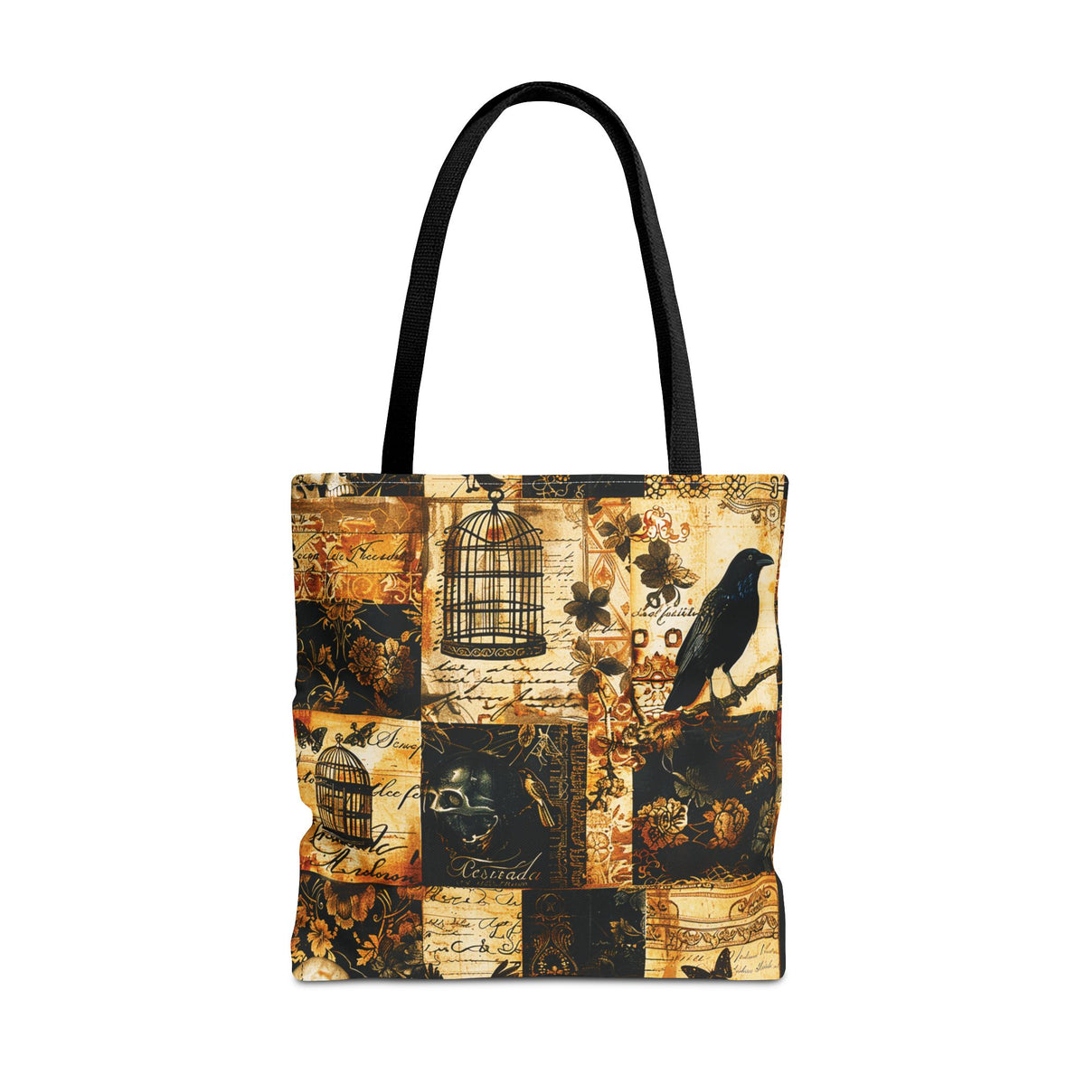 Gothic Raven Patchwork Tote Bag – Vintage Sepia and Black Collage Print