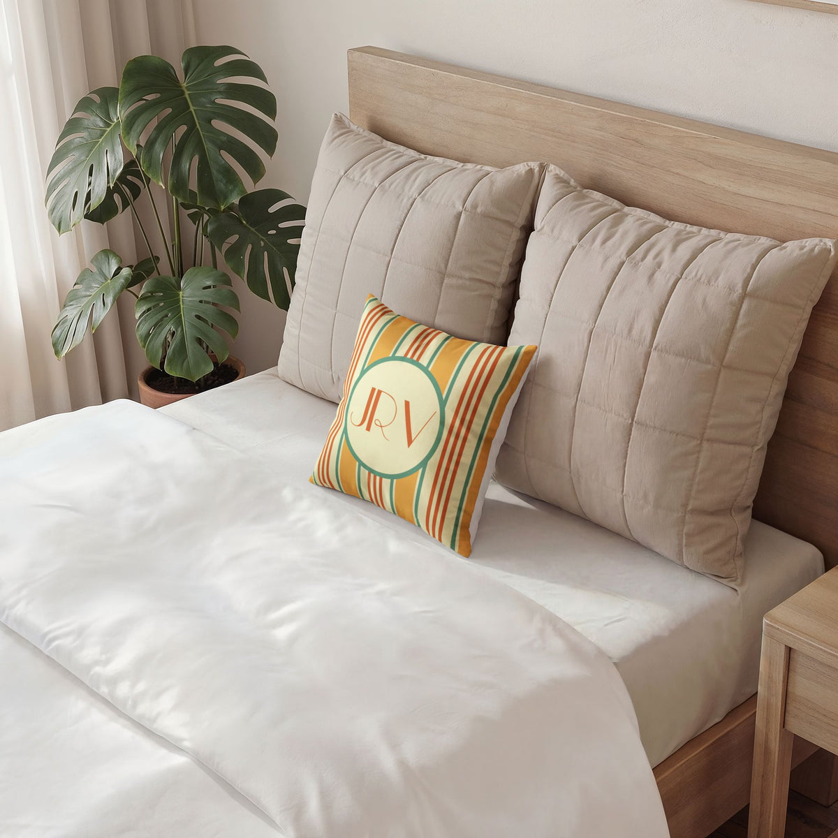 Monogram Velvet Pillow - Customizable Orange and Mint Ticking Stripe Throw Pillow