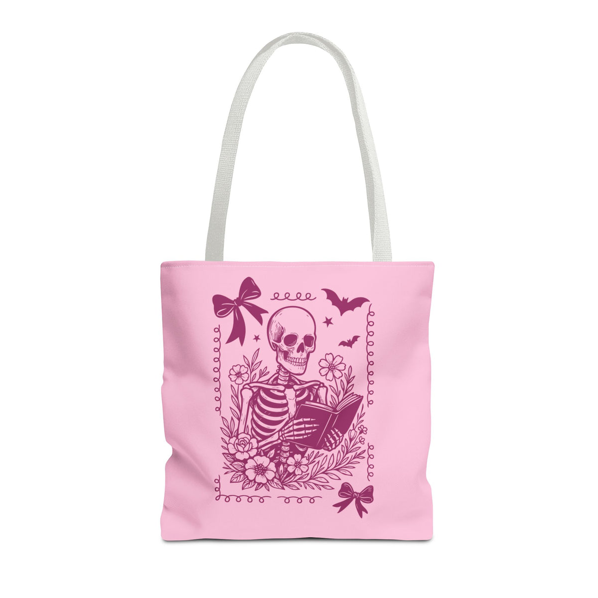 Floral Pink Reading Skeleton Tote Bag  - Cute Gothic Booklover Tote