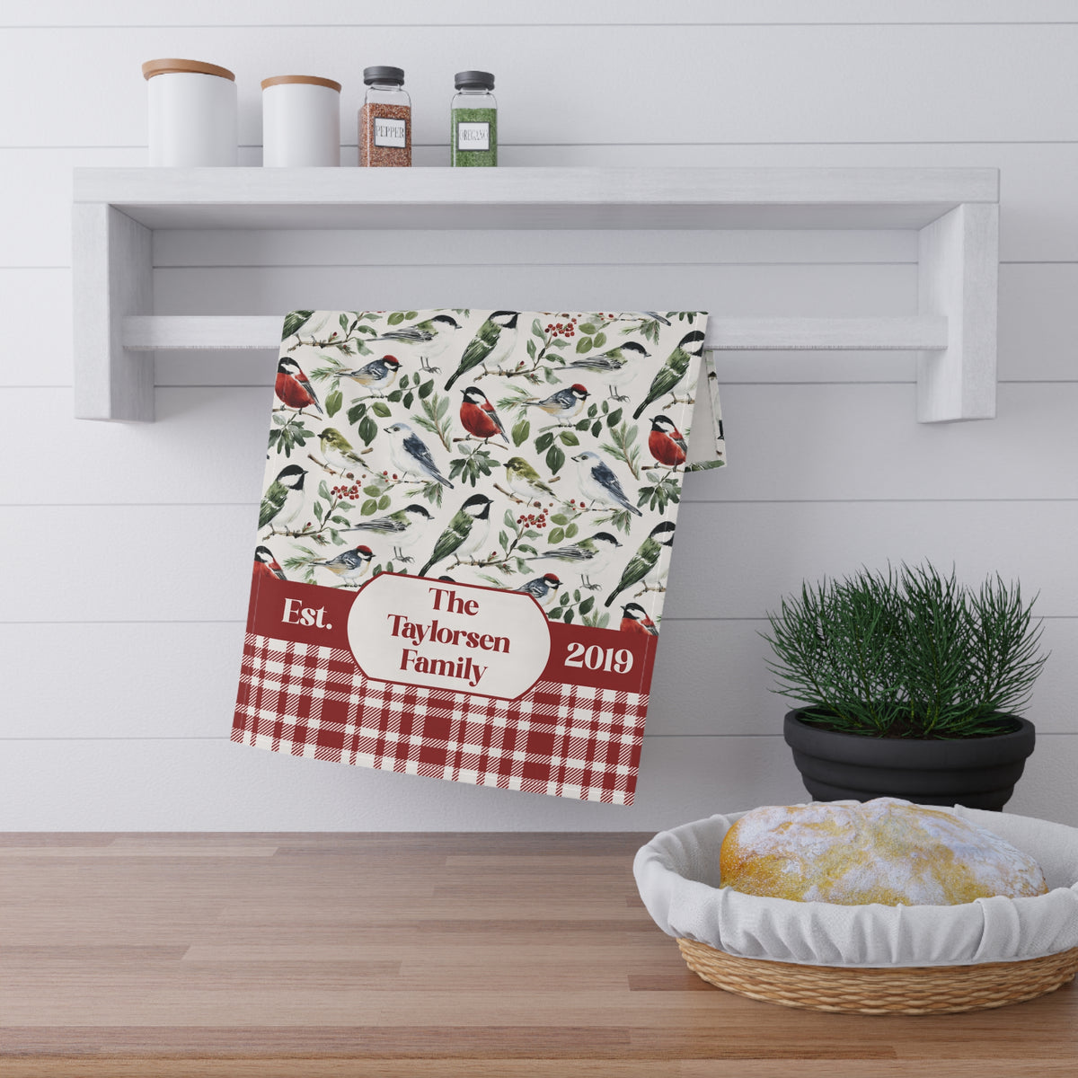 Personalized Country Kitchen Tea Towel - Robin and Berry Patterned Plaid Towel