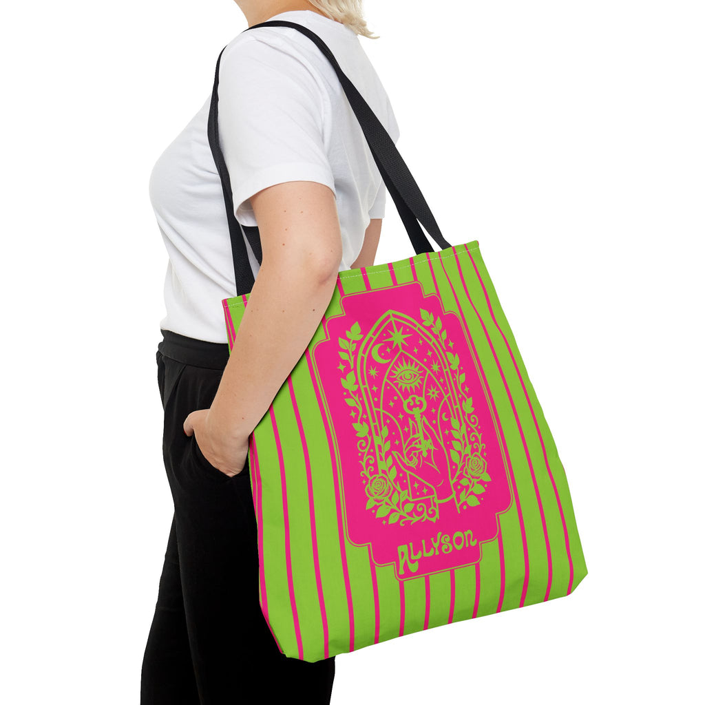 Personalizable Mystic Hand Neon Key Tote Bag -Retro Pink and Lime All-Over Print