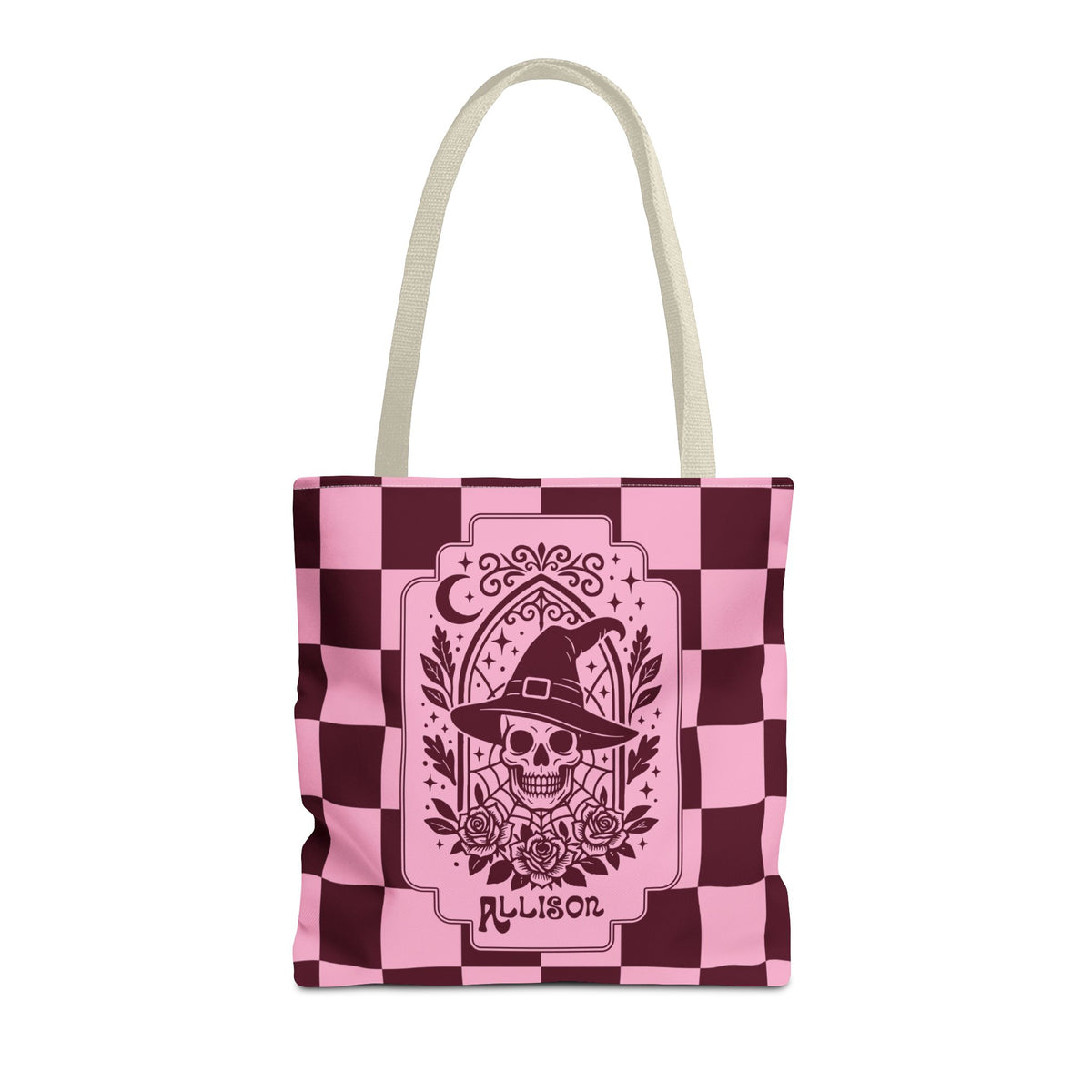 Pink Spooky Checkerboard Carryall - Gothic Witch Skull Personalizable Tote