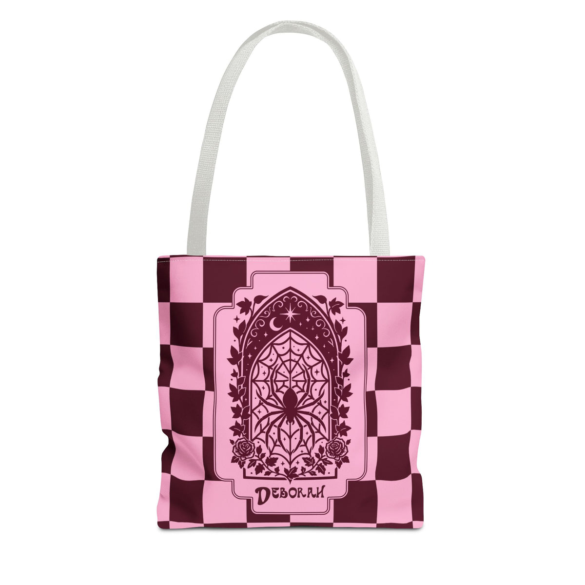 Personalizable Pink and Burgundy Retro Goth Tote with Mystic Spider Stained Glass Design