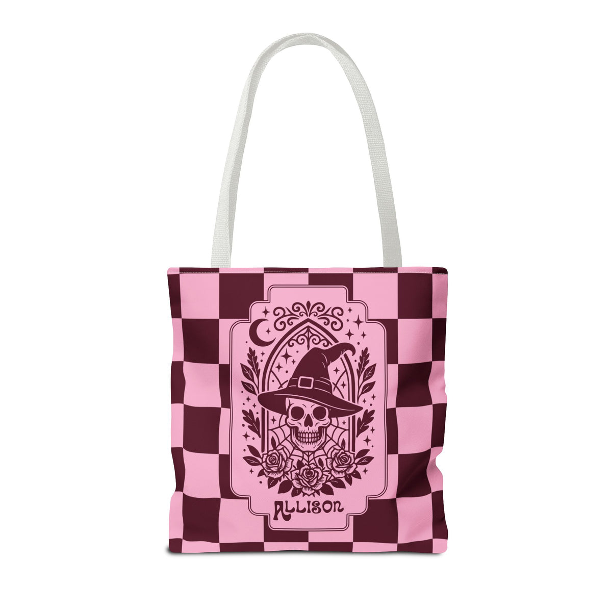 Pink Spooky Checkerboard Carryall - Gothic Witch Skull Personalizable Tote