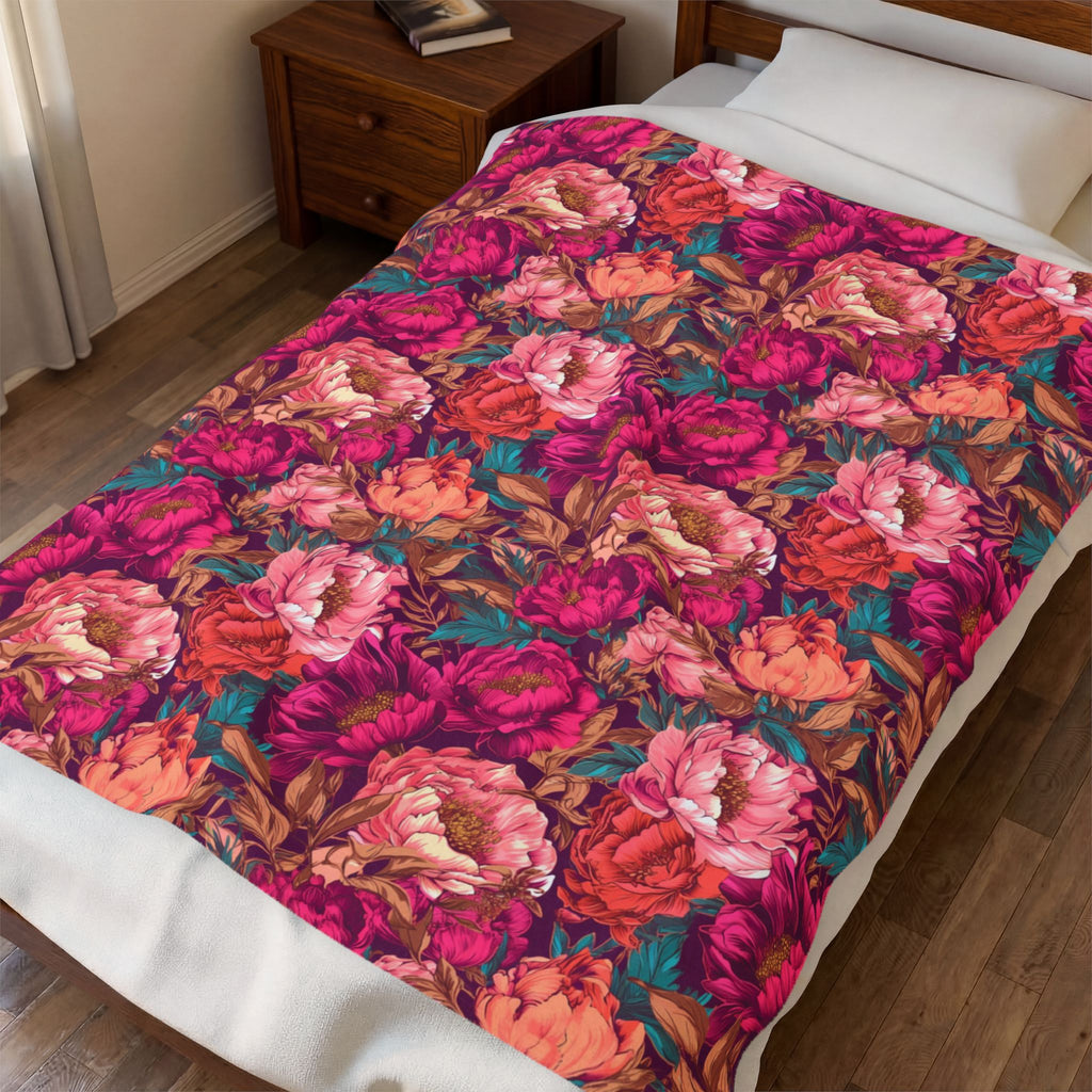 Vivid Magenta Peony Maximalist Velveteen Floral Plush Blanket