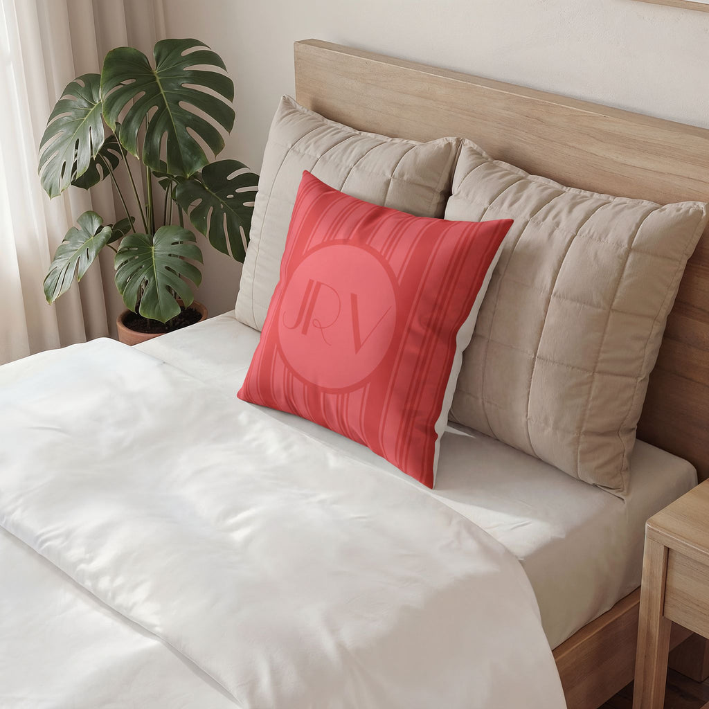 Art Deco Personalizable Pillow - Coral Ticking Stripe Monogram Velvet Pillow