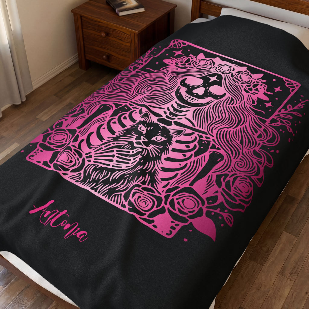 Skeleton Woman and Cat Personalized Velveteen Blanket - Pink Cat Mom Tarot Throw