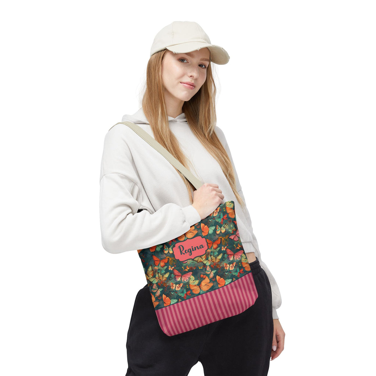 Personalizable Girly Handwriting Bag - Dreamy Butterfly Striped Tote