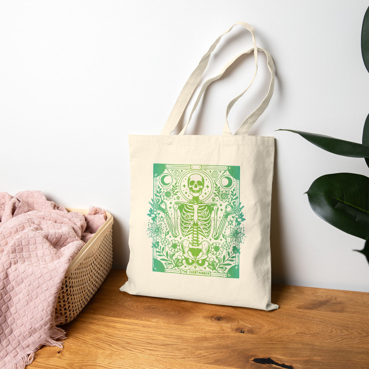 "The Overthinker" Skeleton Botanical Tote - Cotton Canvas Tarot Tote Bag