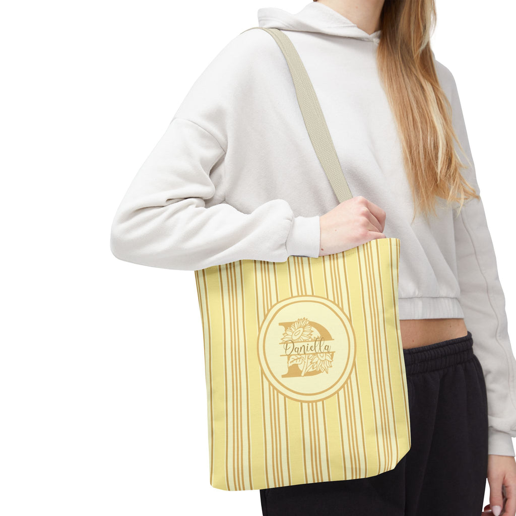 Sunflower Monogram Bag - Yellow Vintage Ticking Striped Carryall