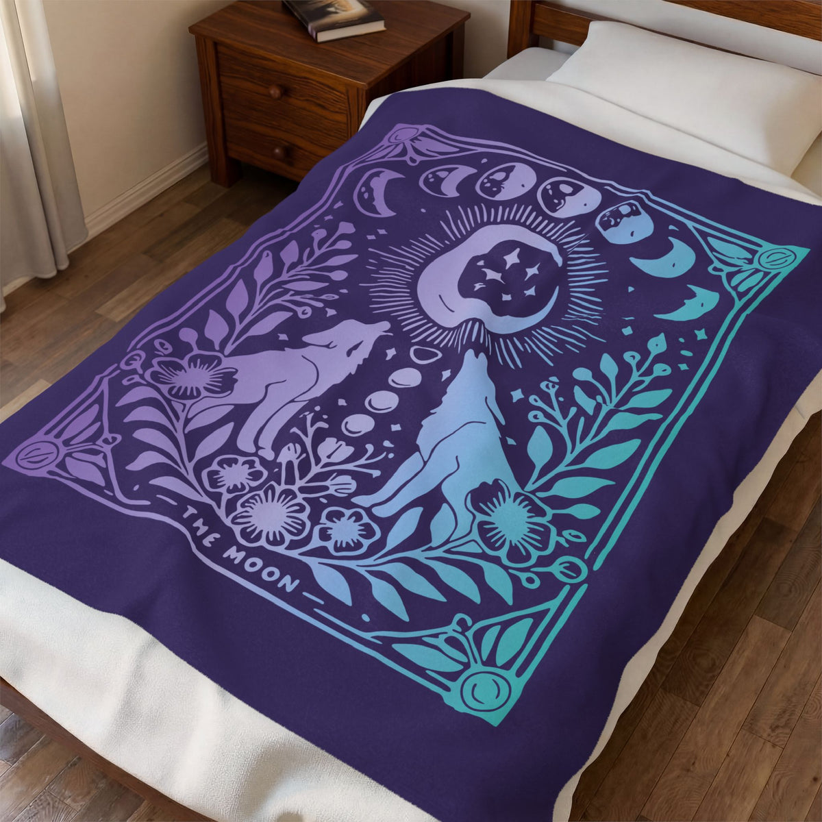 Celestial Moon Phases Blanket - Mystical Wolf and Moonlight Tarot Velveteen Plush Throw