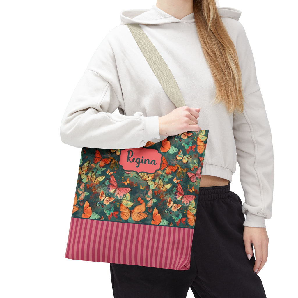 Personalizable Girly Handwriting Bag - Dreamy Butterfly Striped Tote
