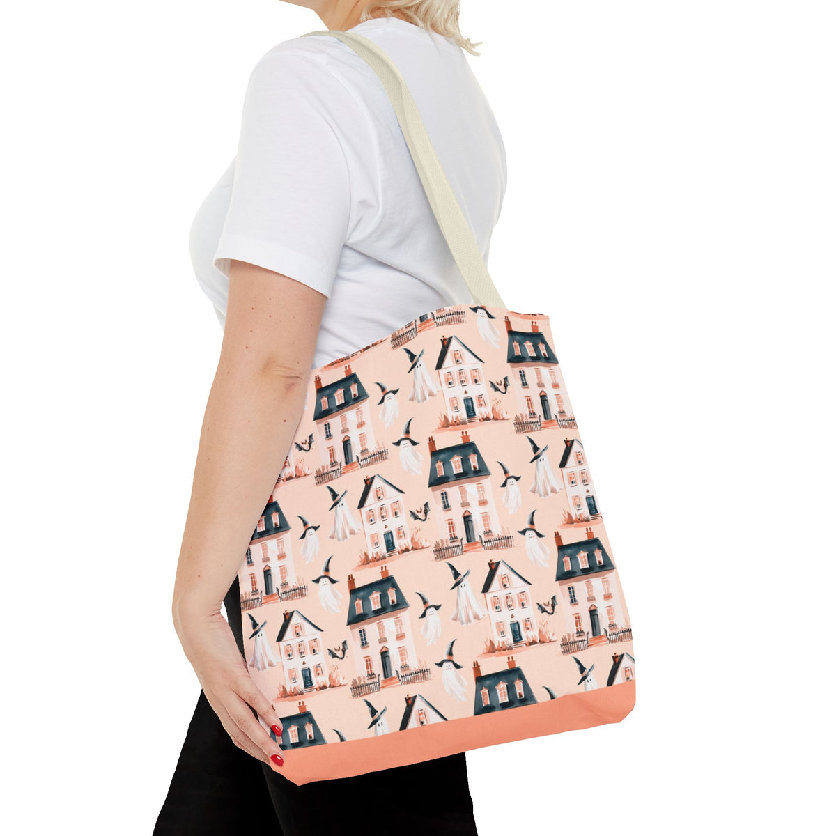 Spooky Cottage Pattern Tote -Haunted Village Ghosts and Houses Bag