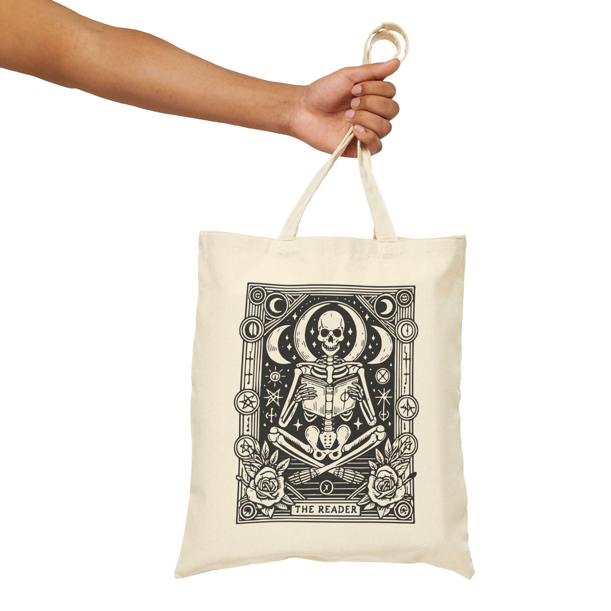 The Reader Skeleton Tarot Design in Black Cotton Canvas Tote