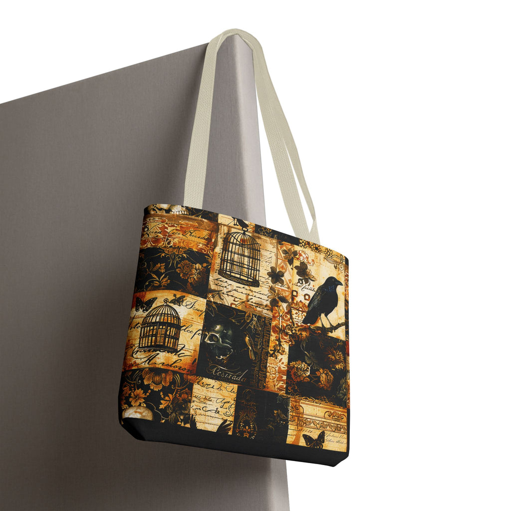 Gothic Raven Patchwork Tote Bag – Vintage Sepia and Black Collage Print