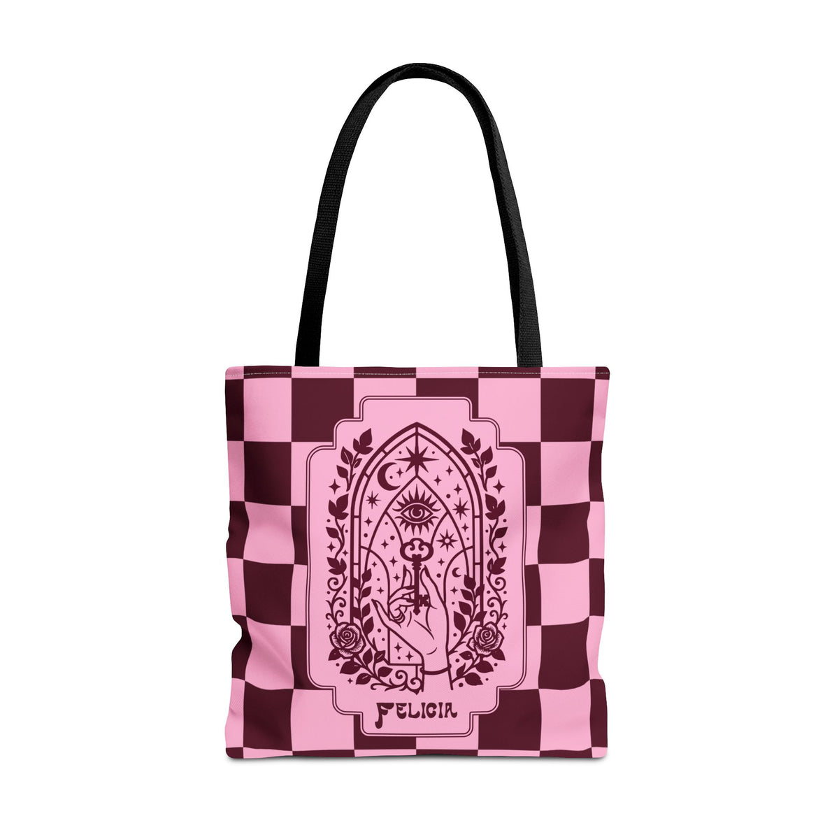 Personalizable Mystic Hand with Key Checkerboard Tote Bag – Pink and Burgundy Retro Goth Carryall