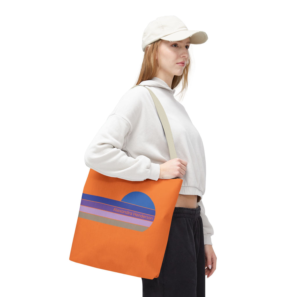Orange Sunset Stripe Tote Bag – Retro Personalized Name Beach and Market Tote