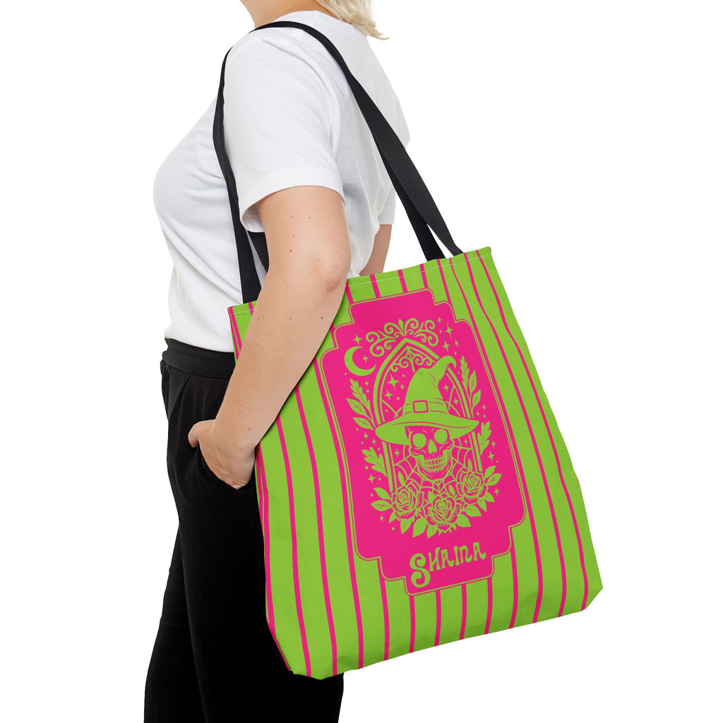 Retro Goth Skull Witch Tote Bag — Neon Pink and Lime Striped Tote