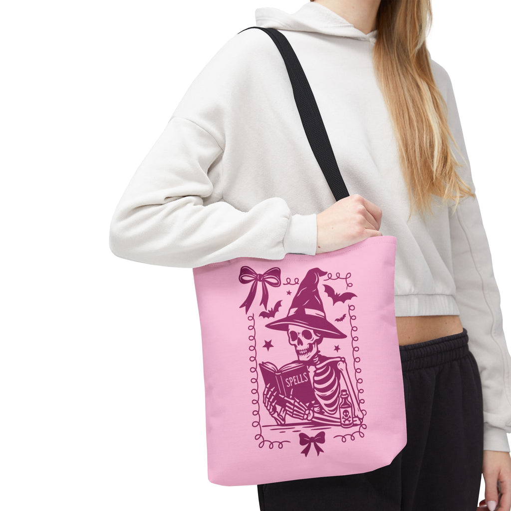 Pink Reading Witch Skeleton Tote Bag — Cute Coquette Frame Halloween Tote