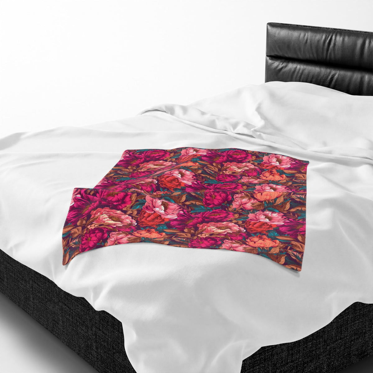 Vivid Magenta Peony Maximalist Velveteen Floral Plush Blanket
