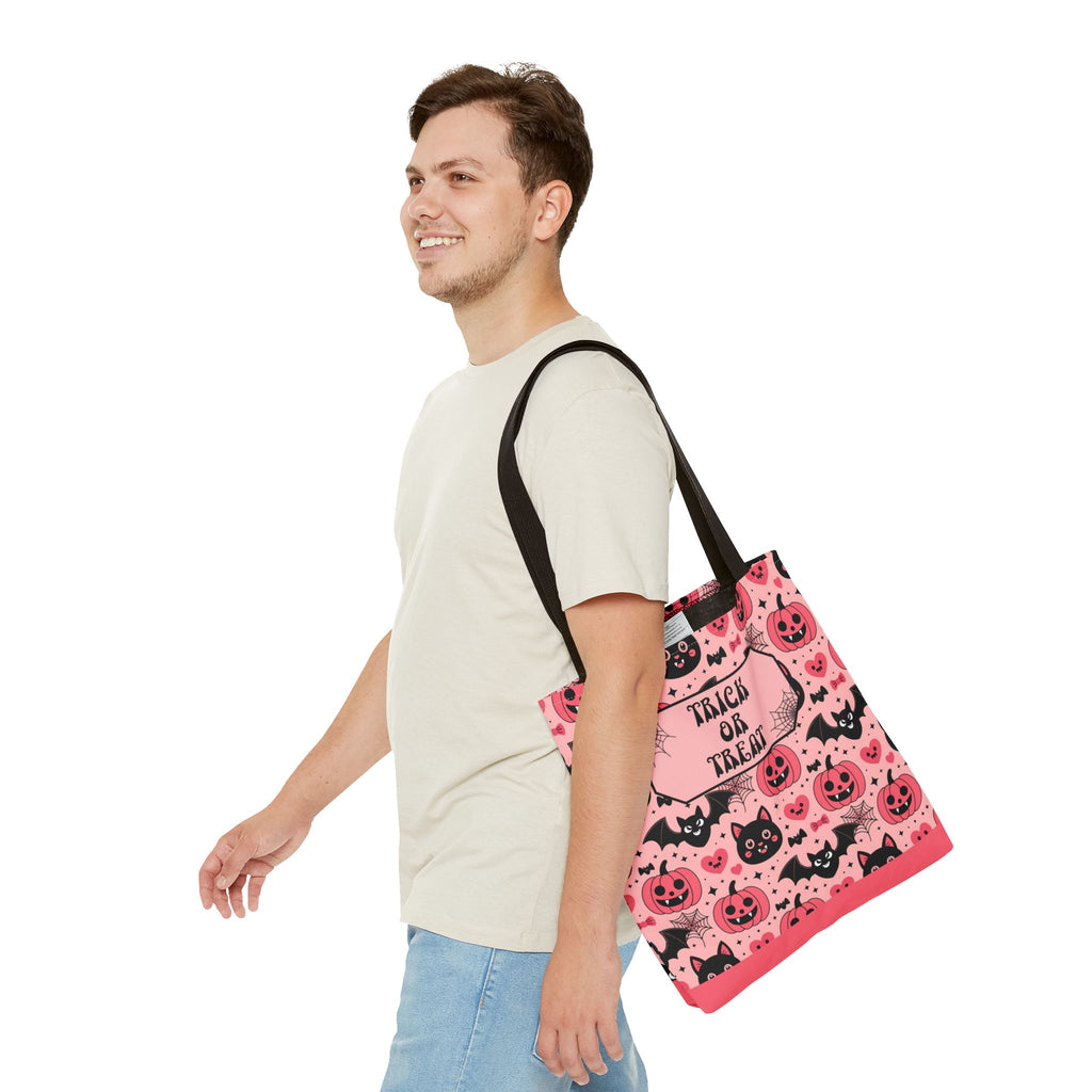 Pink Halloween Trick or Treat Bag  -Personalizable Carryall with Cute Cats, Bats and Jack-O'-Lanterns