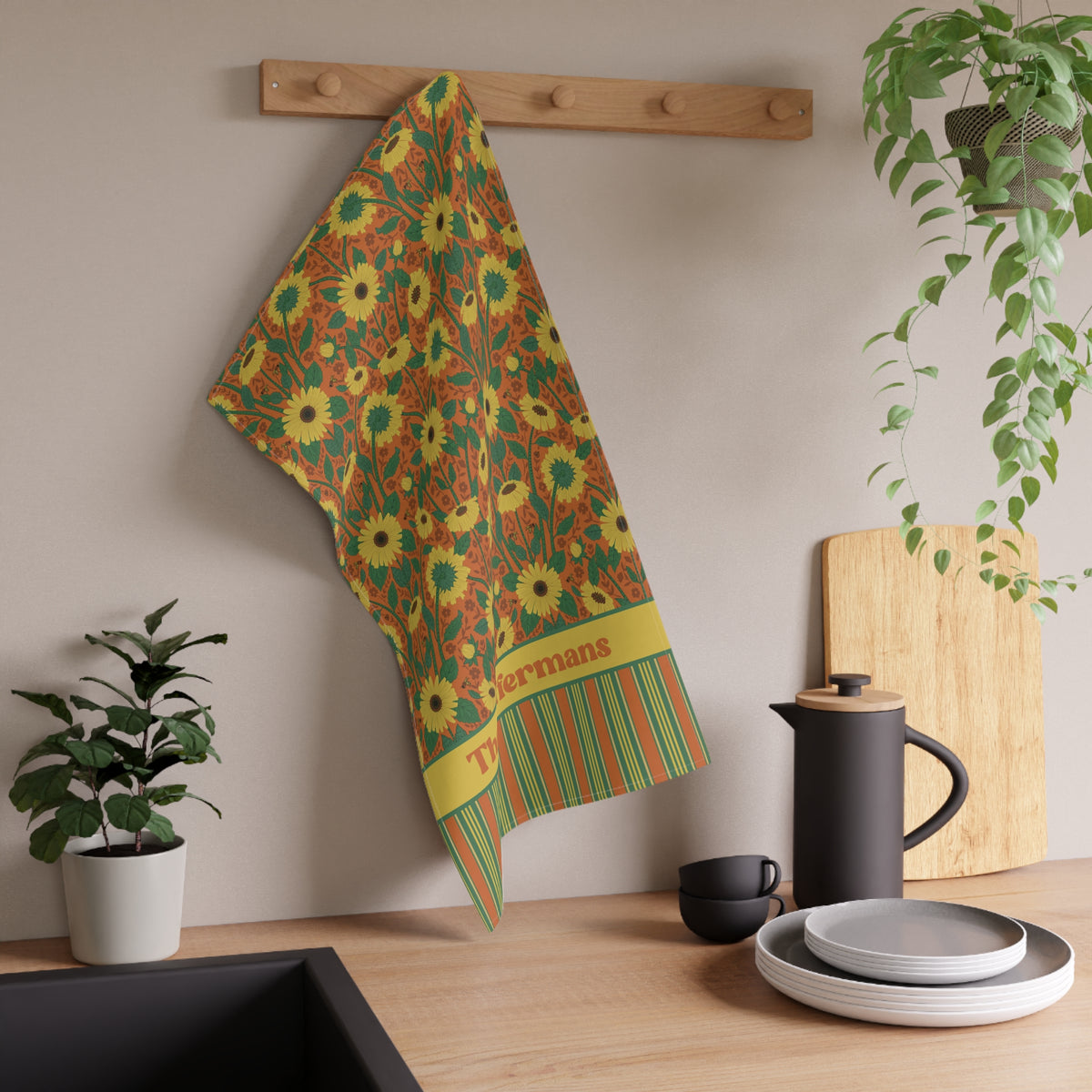 Personalized Tea Towel - Autumn Sunflower Stripe Kitchen Towel