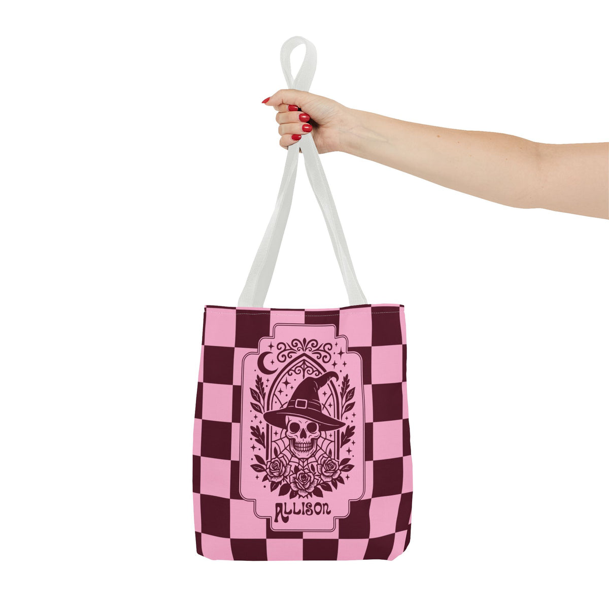 Pink Spooky Checkerboard Carryall - Gothic Witch Skull Personalizable Tote