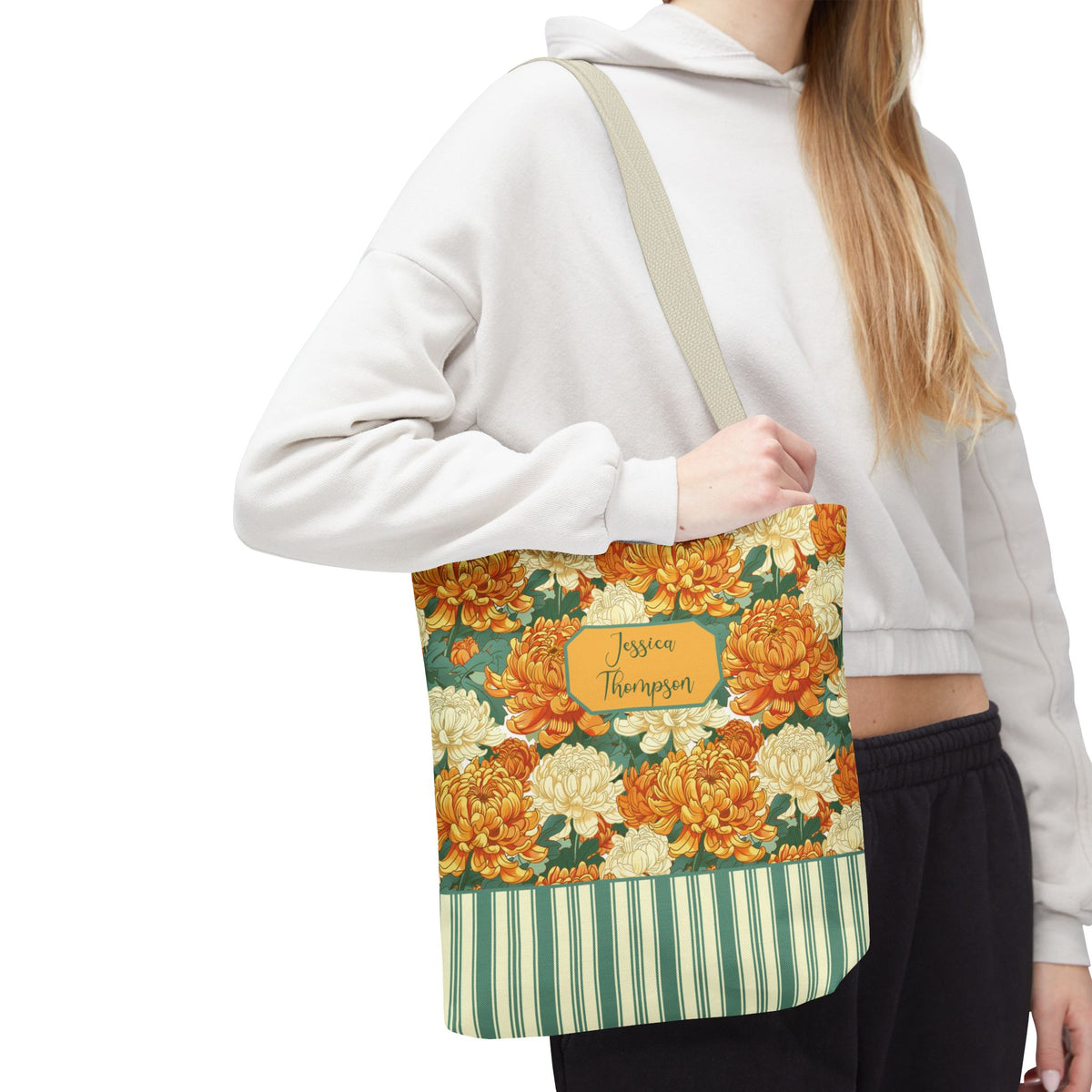 Personalizable Vintage Floral Stripe Tote Bag – Cream and Orange Chrysanthemums Tote