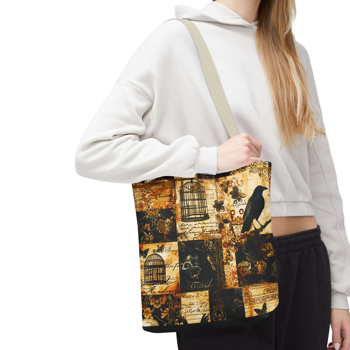 Gothic Raven Patchwork Tote Bag – Vintage Sepia and Black Collage Print