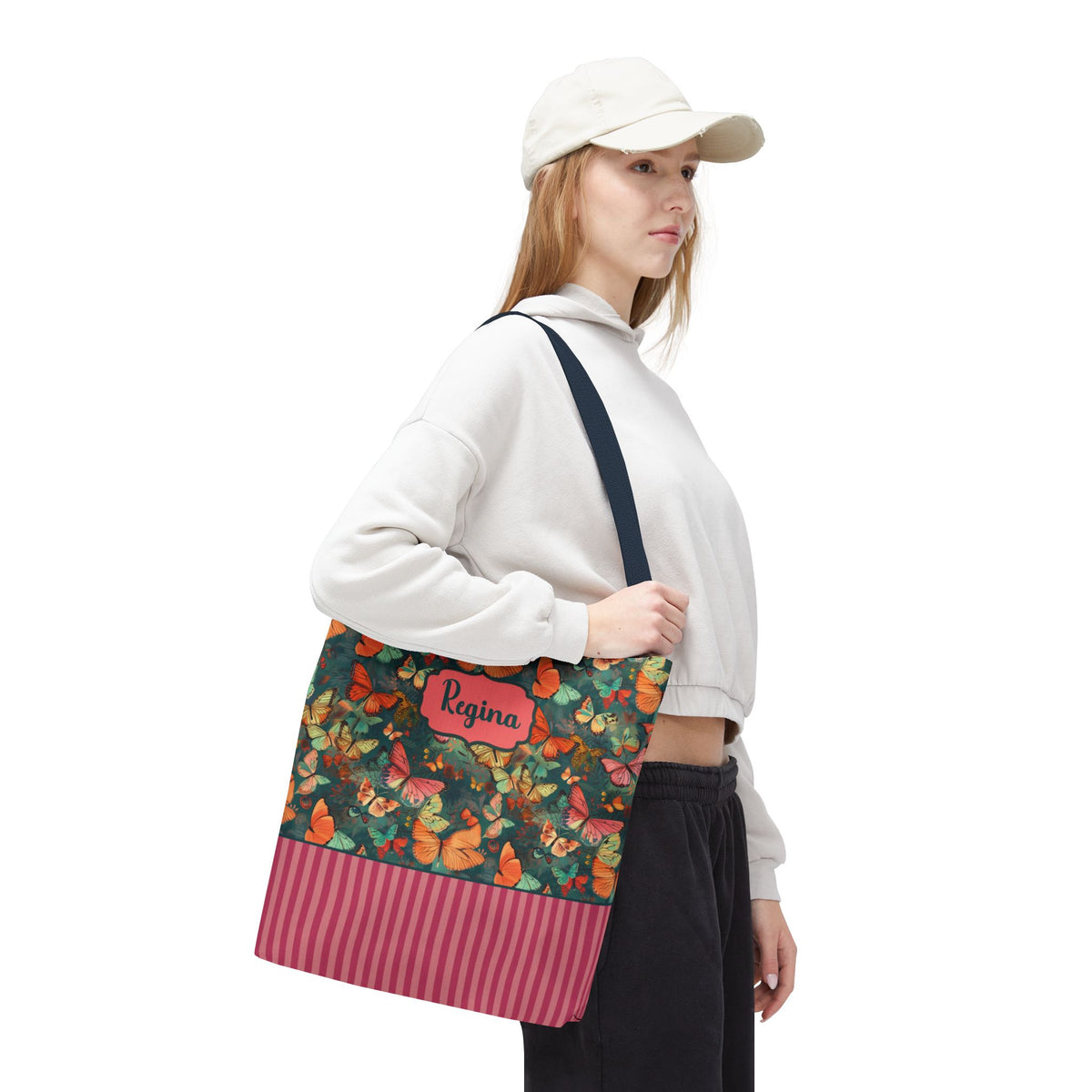 Personalizable Girly Handwriting Bag - Dreamy Butterfly Striped Tote