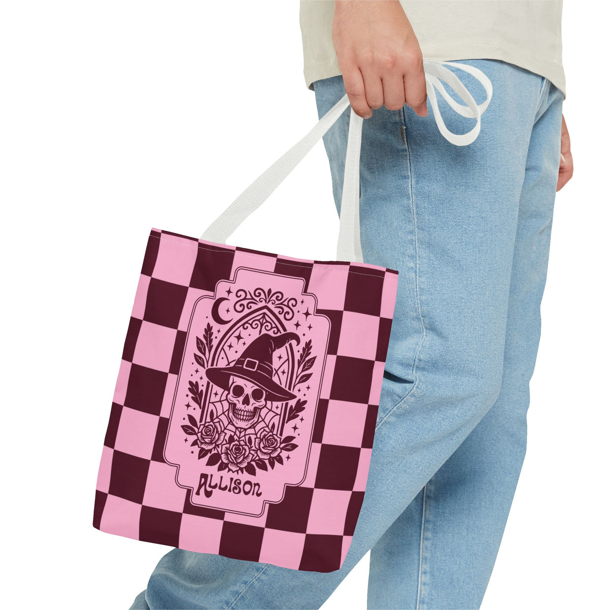 Pink Spooky Checkerboard Carryall - Gothic Witch Skull Personalizable Tote