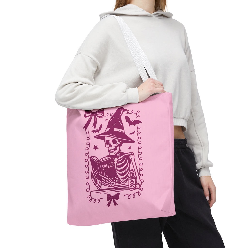 Pink Reading Witch Skeleton Tote Bag — Cute Coquette Frame Halloween Tote