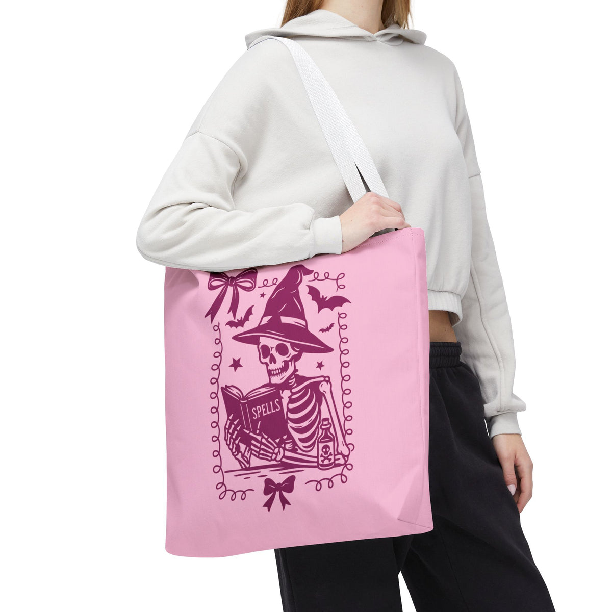 Pink Reading Witch Skeleton Tote Bag — Cute Coquette Frame Halloween Tote