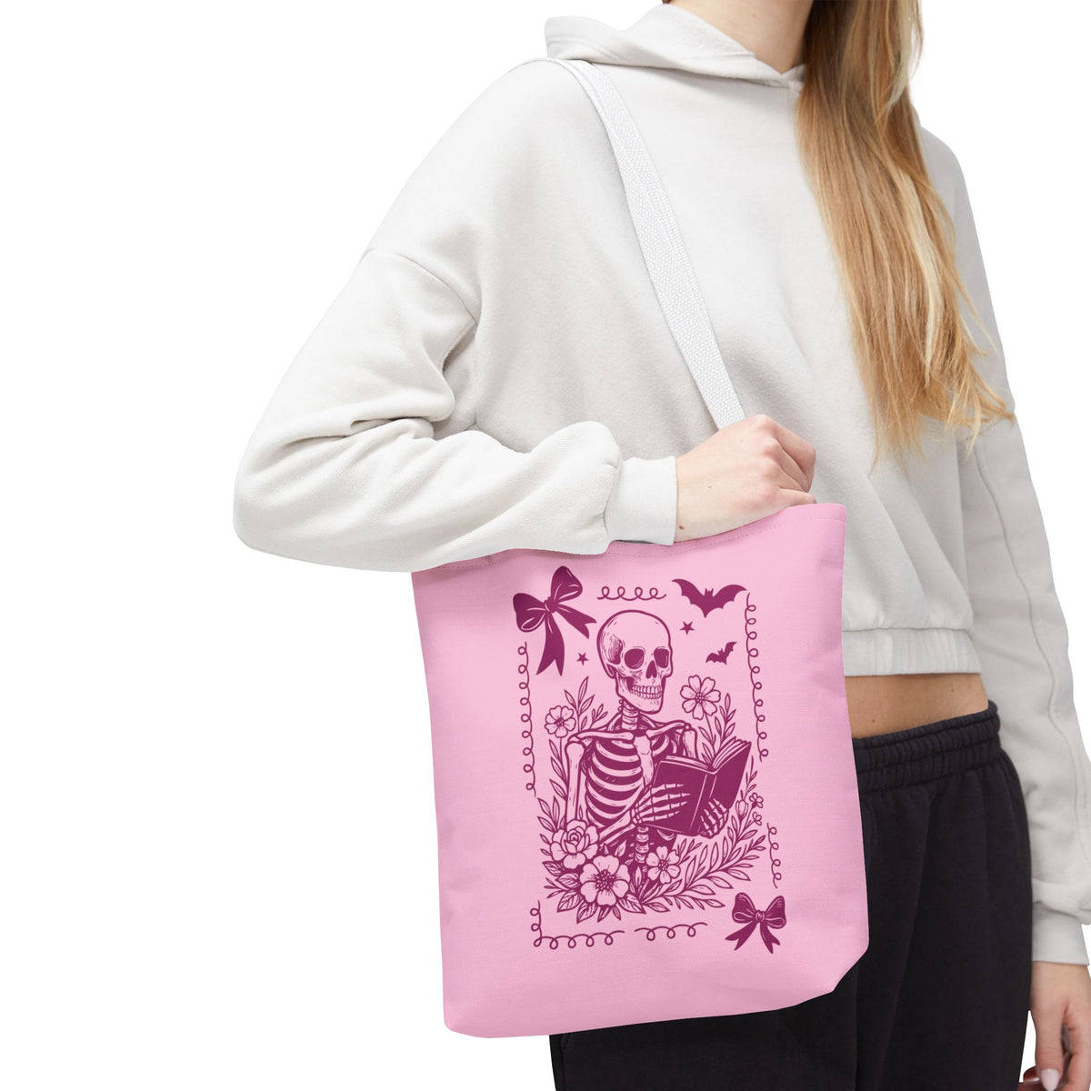 Floral Pink Reading Skeleton Tote Bag  - Cute Gothic Booklover Tote