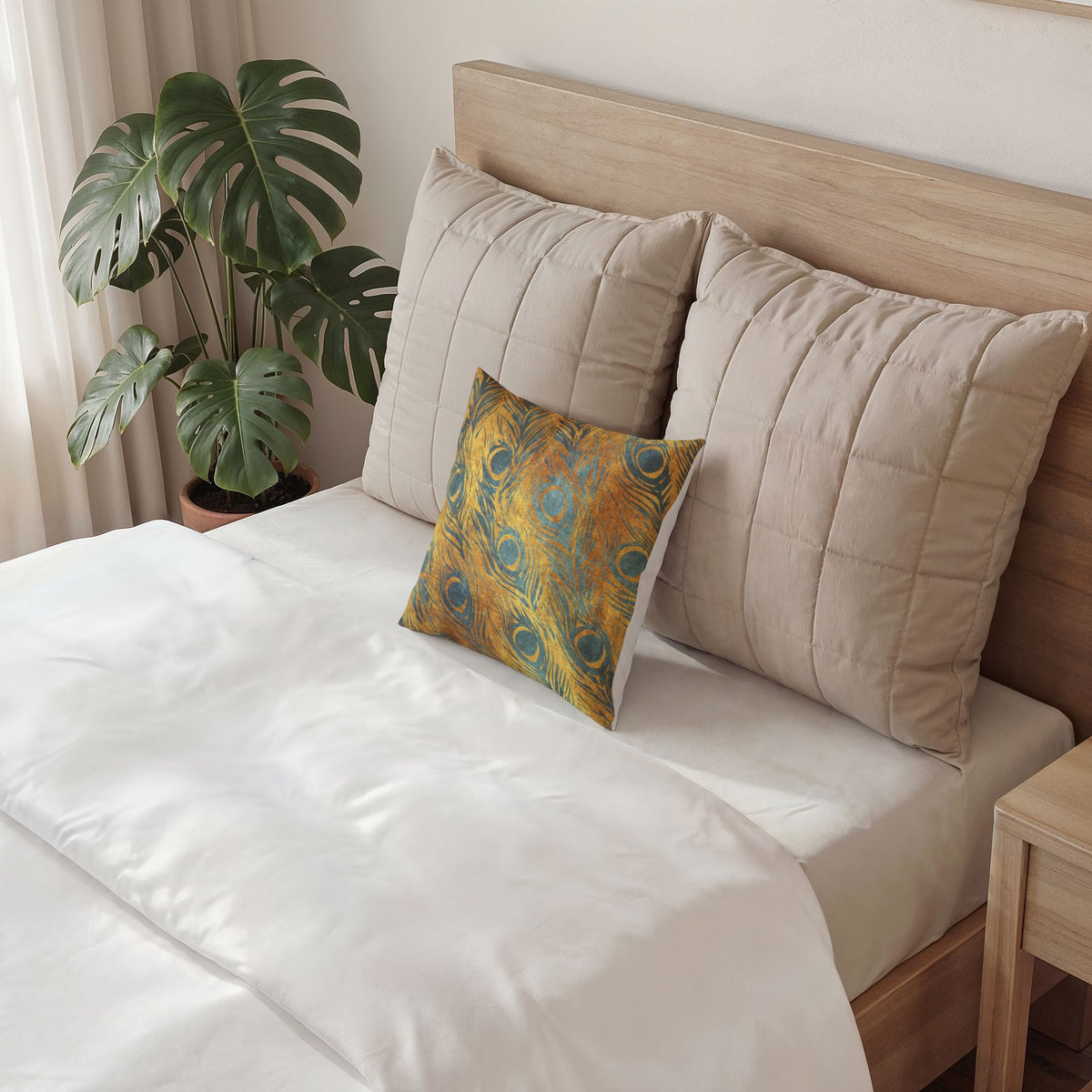 Peacock Feather Velvet Pillow - Luxe Gold and Teal Decorative Pillow