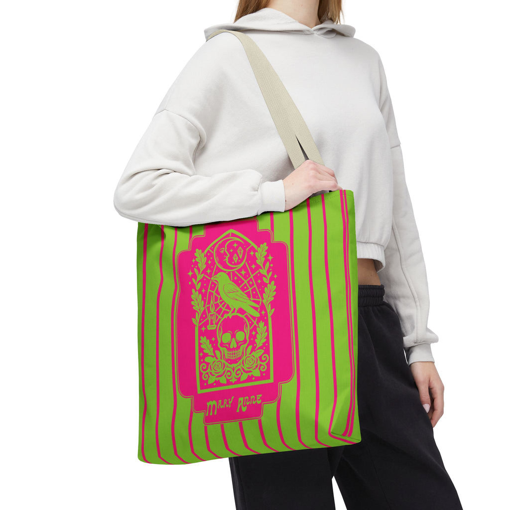 Neon Gothic Raven and Skull Tote Bag - Personalizable Pink and Green Retro Goth Carryall