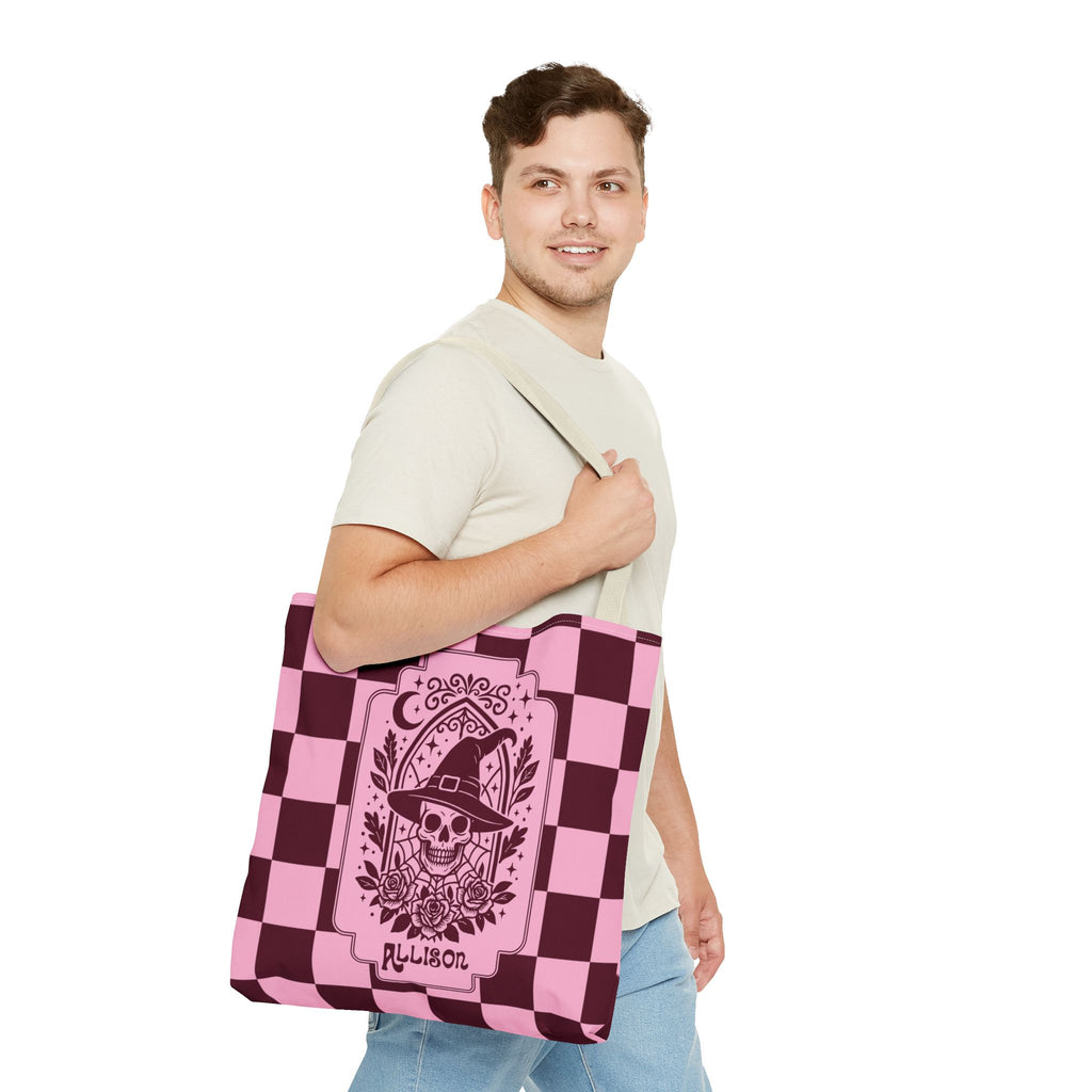 Pink Spooky Checkerboard Carryall - Gothic Witch Skull Personalizable Tote