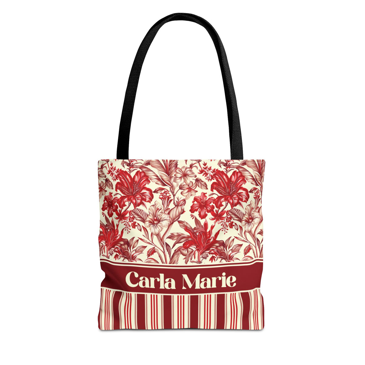Personalizable Red Lily Tote Bag – Vintage Botanical Floral Striped Carryall