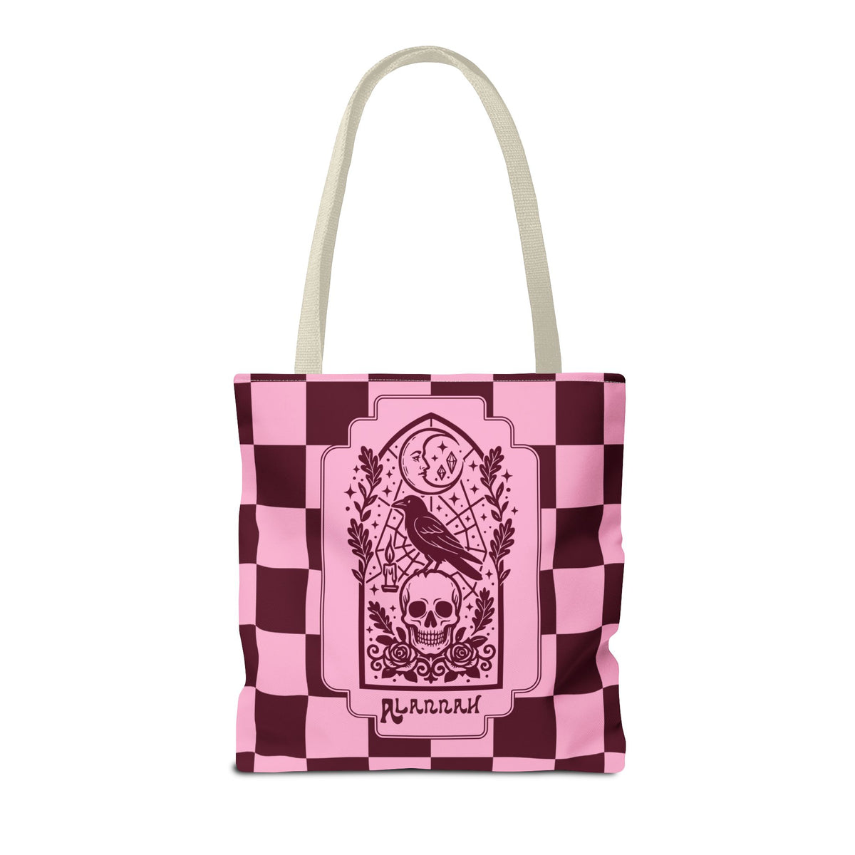 Gothic Raven and Skull Checkerboard Tote Bag - Personalizable Pink Retro Goth Carryall