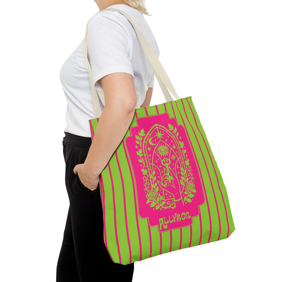 Personalizable Mystic Hand Neon Key Tote Bag -Retro Pink and Lime All-Over Print